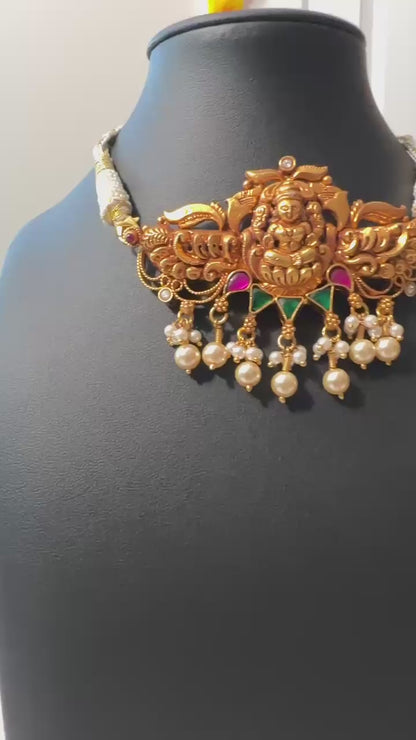 Pure 92.5 Silver Goddess Laxmi choker with Gold polish embellishment with Ruby & emerald Kundan & fresh water pearls