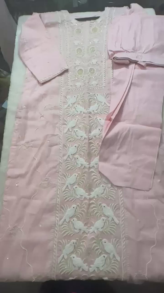 Baby pink  pure Mulmul Chikankari suit highlighted with hand chikankari and pearl handwork