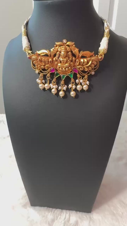 Pure 92.5 Silver Goddess Laxmi choker with Gold polish embellishment with Ruby & emerald Kundan & fresh water pearls
