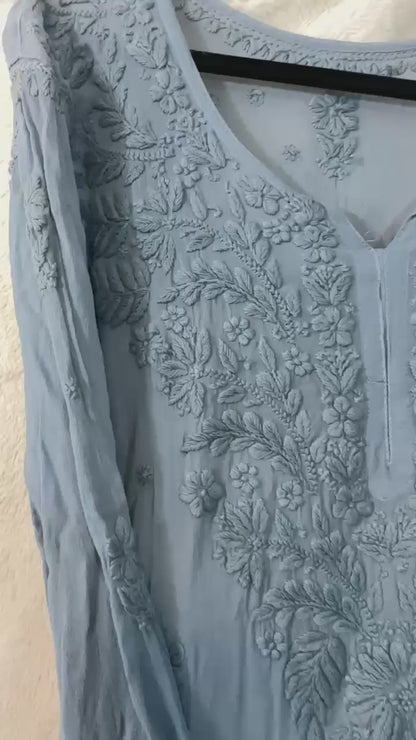 Steal Grey tone on tone Viscose Chikankari Kurti  with 3D Chikankari