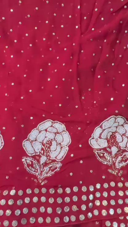 Red Pure Georgette Chikankari Saree with add on Pearl & Mukaish Pitta handwork