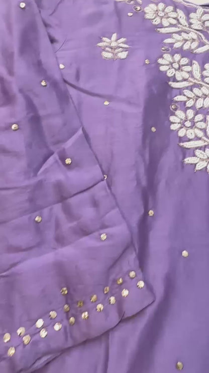 Lilac pure Mul chanderi Mukaish suit highlighted with mukaish & pearl handwork
