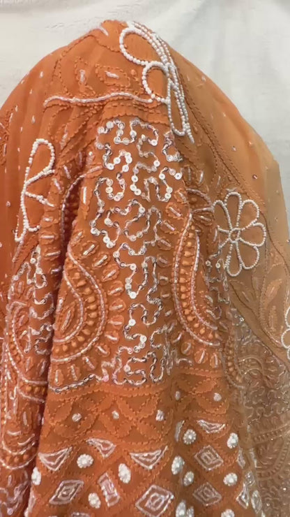 Rust ombré Pure Georgette Chikankari Saree enteric with fine hand Chikankari, Pearl ,sequins & Cutdana  hand work