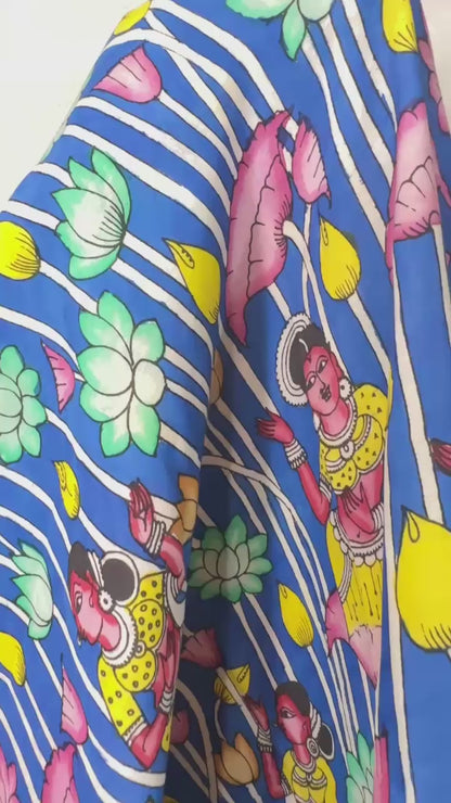 Ink Blue pure Bangalore silk hand drawn- hand painted Pen Kalamkari Saree
