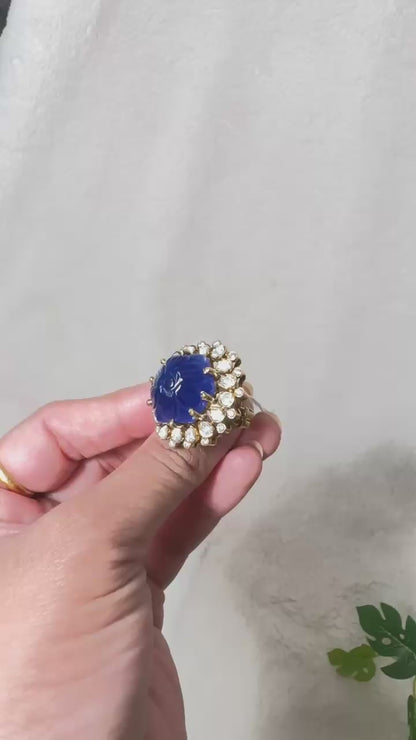 Blue Lapis Statement 92.5 silver finger Ring embellished with white semiprecious Stone
