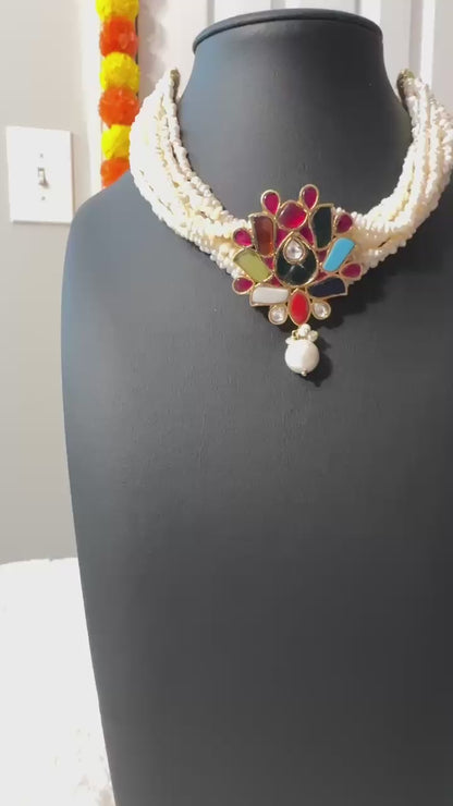 Pure 92.5 Silver Navratan pendant fresh water pearl choker embellishment with navratan semiprecious multicoloured gemstone.