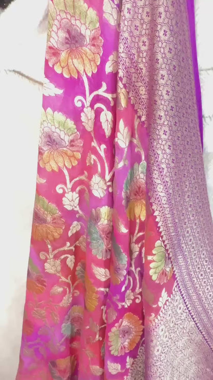 Baby pink  Rangkat Pure Khaddi Georgette handloom Meenakari Banarasi saree with tested Gold zari weaving
