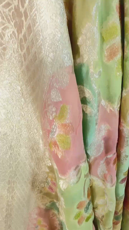 Pastel Rangkat Pure Khaddi Georgette handloom Banarasi saree with tested Gold zari weaving