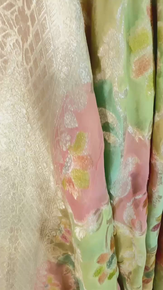 Pastel Rangkat Pure Khaddi Georgette handloom Banarasi saree with tested Gold zari weaving
