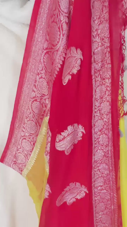 Red-Yellow Pure Khaddi Chiffon handloom Banarasi saree with tested  Silver zari weaving