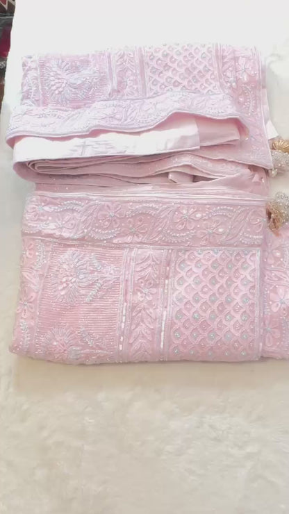 Baby Pink Pure Georgette Chikankari Saree with add on sequence, Pearl & Multicoloured Cutdana handwork