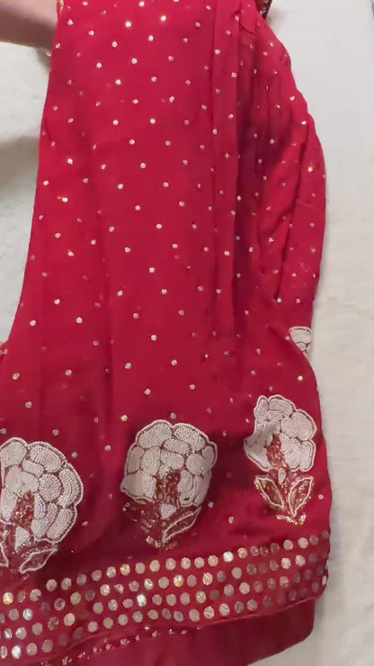 Red Pure Georgette Chikankari Saree with add on Pearl & Mukaish Pitta handwork