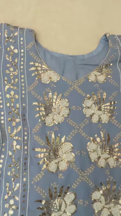 Powder Blue  pure Viscose georgette Mukaish pitta and pearl handwork suit