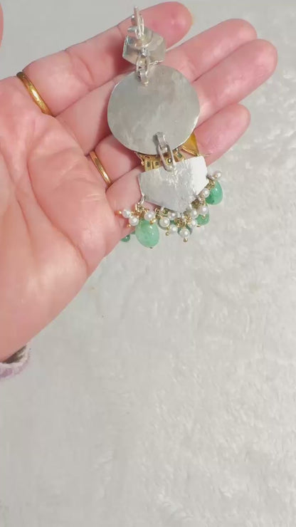 Pure 92.5 Silver Dual tone Elephant Earrings embellished with Emerald green beads along with Fresh water pearls.