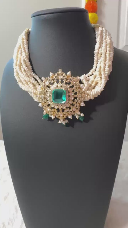 Pure 92.5 Silver Goddess Laxmi choker with Gold polish embellishment with Semiprecious Jade stone with CZ & fresh water pearls