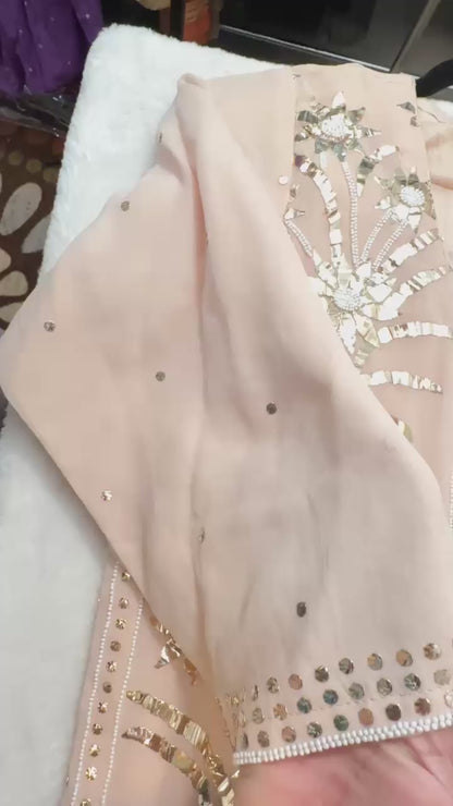 Beige Mocha pure Viscose georgette Mukaish pitta and pearl handwork suit