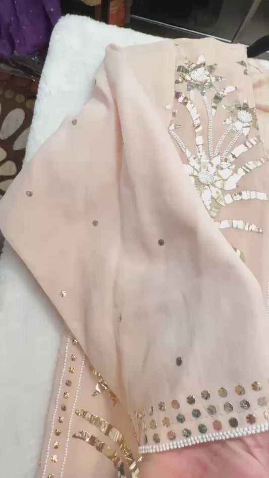 Beige Mocha pure Viscose georgette Mukaish pitta and pearl handwork suit