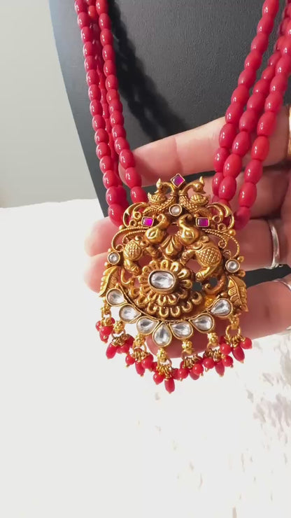 Pure 92.5 Silver with Gold polish Elephant pendant embellishment with Coral beads & Polki  Kundan beads