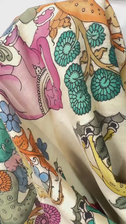 Beige pure Bangalore silk hand drawn hand painted Pen Kalamkari Saree