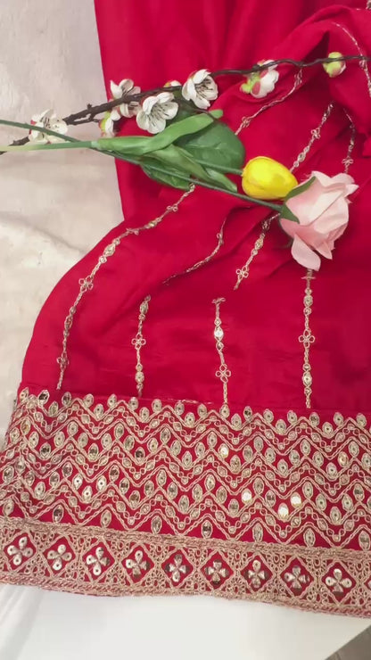 Red CHINON silk suit highlighted with pearl, Cutdana, Mirror& thread hand work