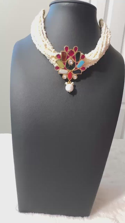 Pure 92.5 Silver Navratan pendant fresh water pearl choker embellishment with navratan semiprecious multicoloured gemstone.
