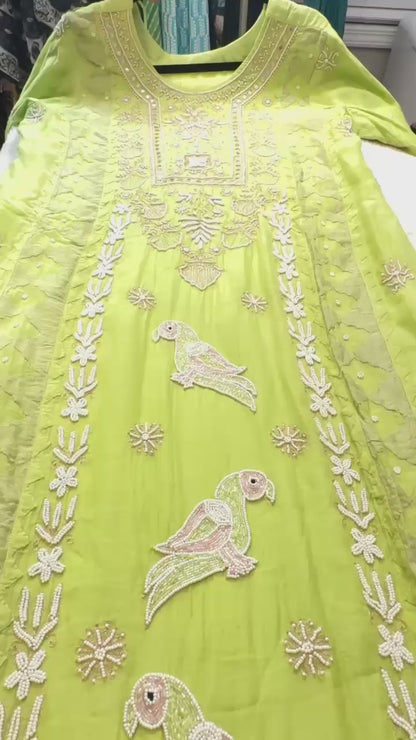 Parrot green pure Mulchanderi Mukaish suit highlighted with pearl & Cutdana handwork