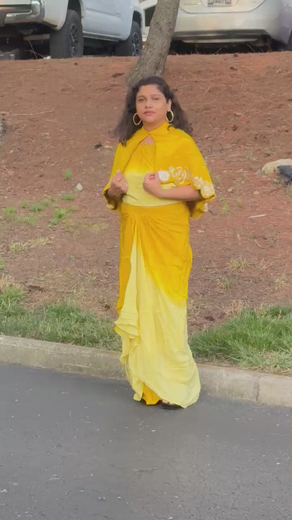 Sunshine yellow designer Indowestern skirt set highlighted with sequins & pearl handwork