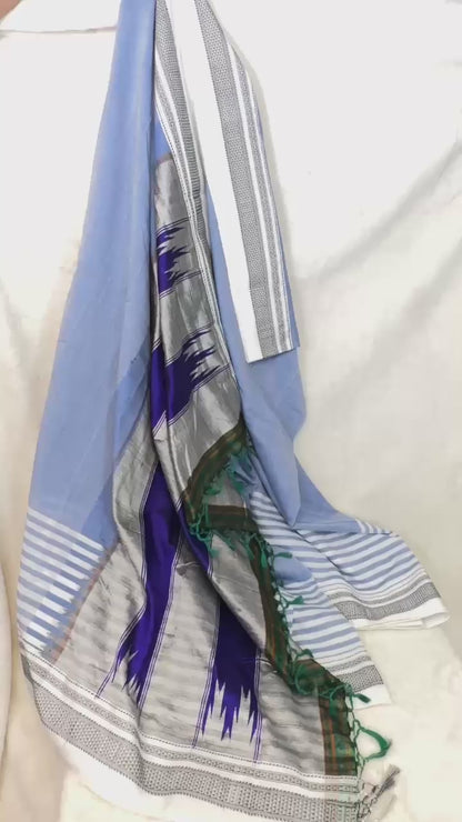 ILKAL Denim blue*White SICO ( Cotton*Silk ) handloom saree with Chikapars Border
