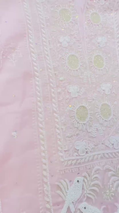 Baby pink  pure Mulmul Chikankari suit highlighted with hand chikankari and pearl handwork