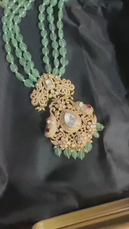 Pure 92.5 Silver with Gold polish Elephant pendant with Long earrings embellishment with Jade beads & Moisonite & CZ
