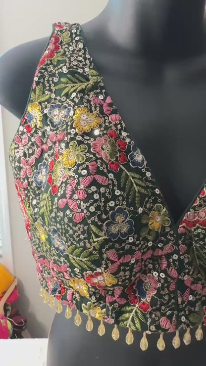 Bottle Green Designer Multicoloured thread & sequins work blouse with Back adjustable Dori  ( can open till size 42 )