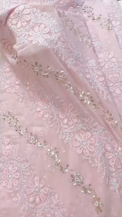 Baby Pink Pure Georgette Chikankari Saree with add on sequence, Pearl & Multicoloured Cutdana handwork