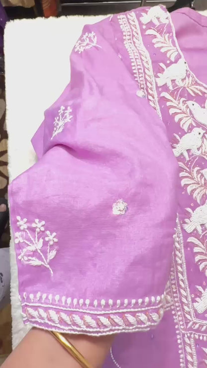 Lilac pure Mulmul Chikankari suit highlighted with hand chikankari and pearl handwork