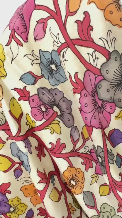 Beige pure Bangalore silk hand drawn- hand painted Pen Kalamkari Saree