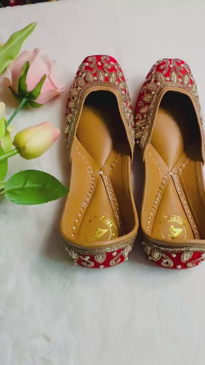 Red Premium designer pure leather Jutti with double cushion and highlighted with all handwork