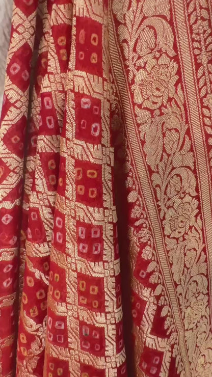 Red Pure Khaddi Georgette hand rai Bandhani Banarasi saree with tested Gold zari weaving