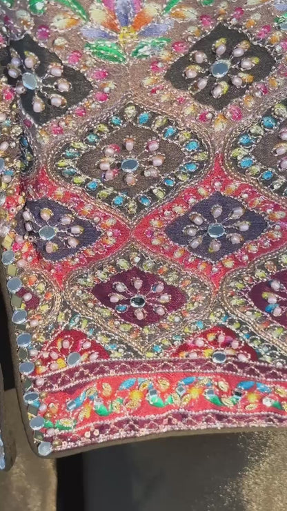 Henna green designer pure crape silk Sharara set highlighted with real mirror, pearl handwork