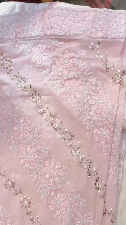 Baby Pink Pure Georgette Chikankari Saree with add on sequence, Pearl & Multicoloured Cutdana handwork