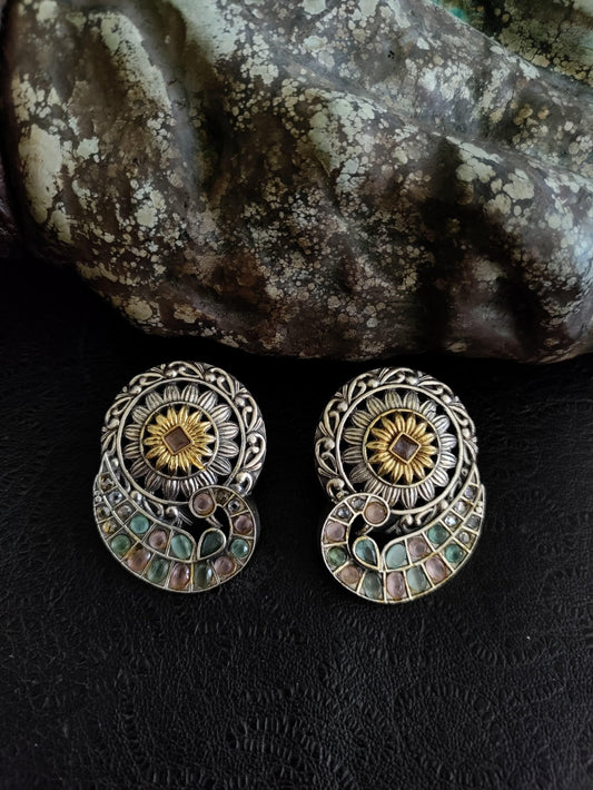 Pure 92.5 Silver Dual Earrings embellished with semiprecious jade & pink stone - My Store