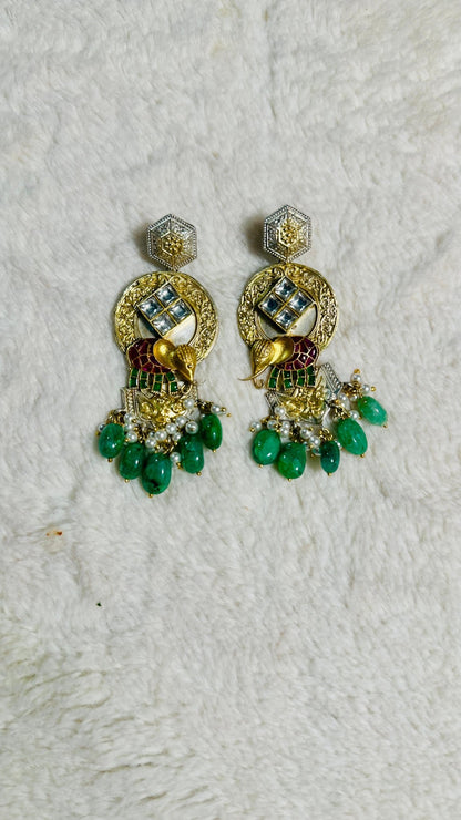 Pure 92.5 Silver Dual tone Elephant Earrings embellished with Emerald green beads along with Fresh water pearls. - My Store