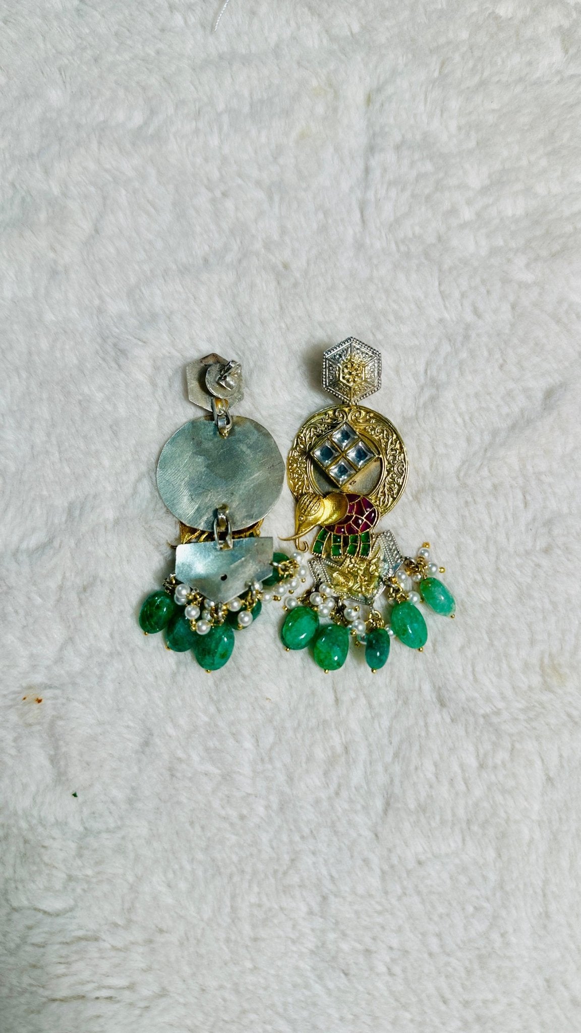 Pure 92.5 Silver Dual tone Elephant Earrings embellished with Emerald green beads along with Fresh water pearls. - My Store