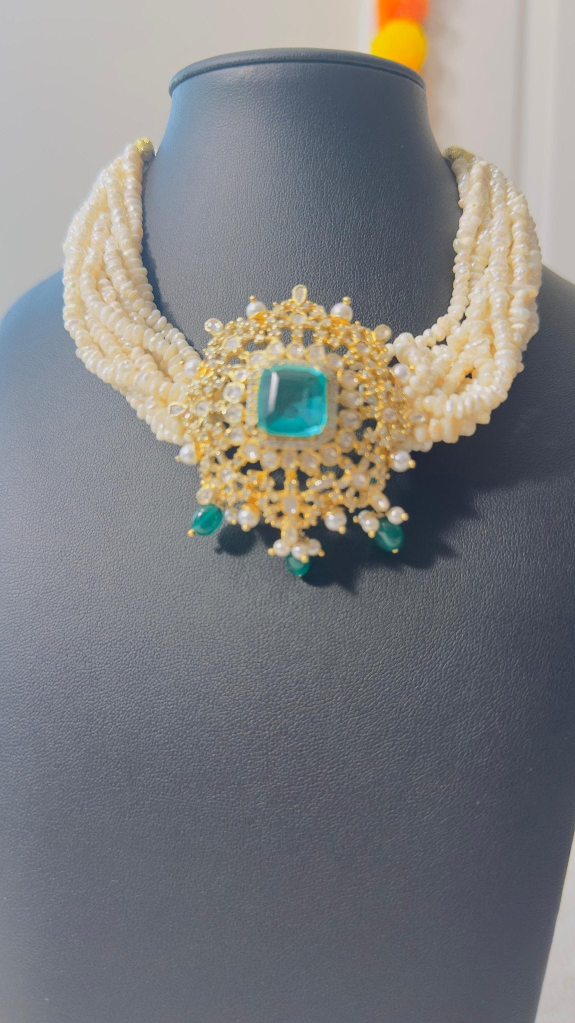 Pure 92.5 Silver Goddess Laxmi choker with Gold polish embellishment with Semiprecious Jade stone with CZ & fresh water pearls - My Store