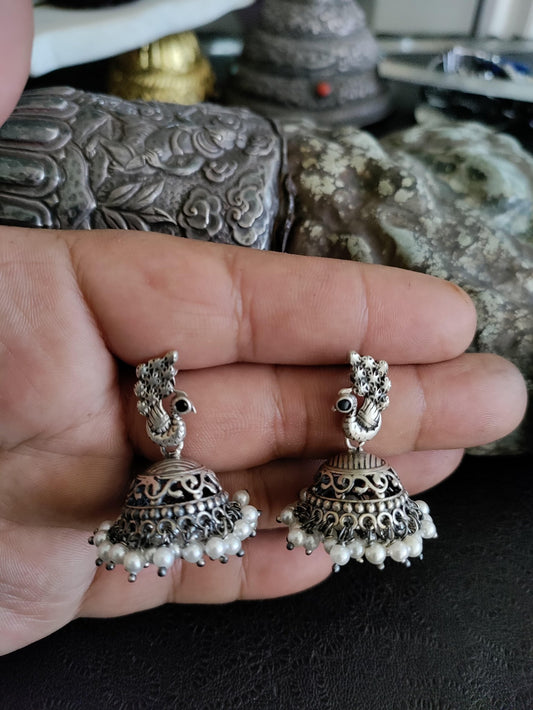 Pure 92.5 Silver ( Silver tone ) Earrings embellished with fresh water pearls - My Store