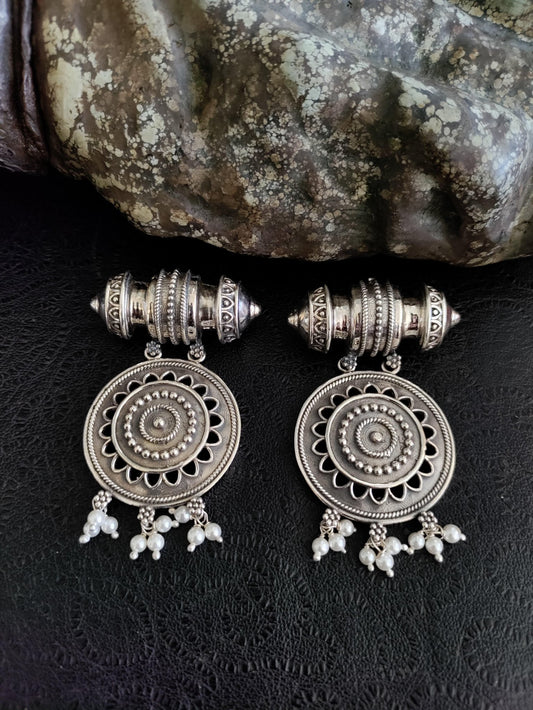 Pure 92.5 Silver ( Silver tone ) Earrings embellished with fresh water pearls - My Store