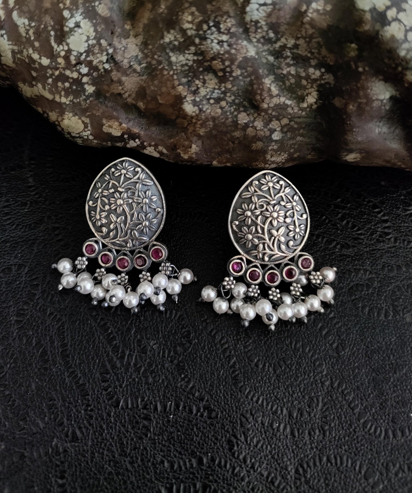 Pure 92.5 Silver ( Silver tone ) Earrings embellished with fresh water pearls & tiny Ruby - My Store