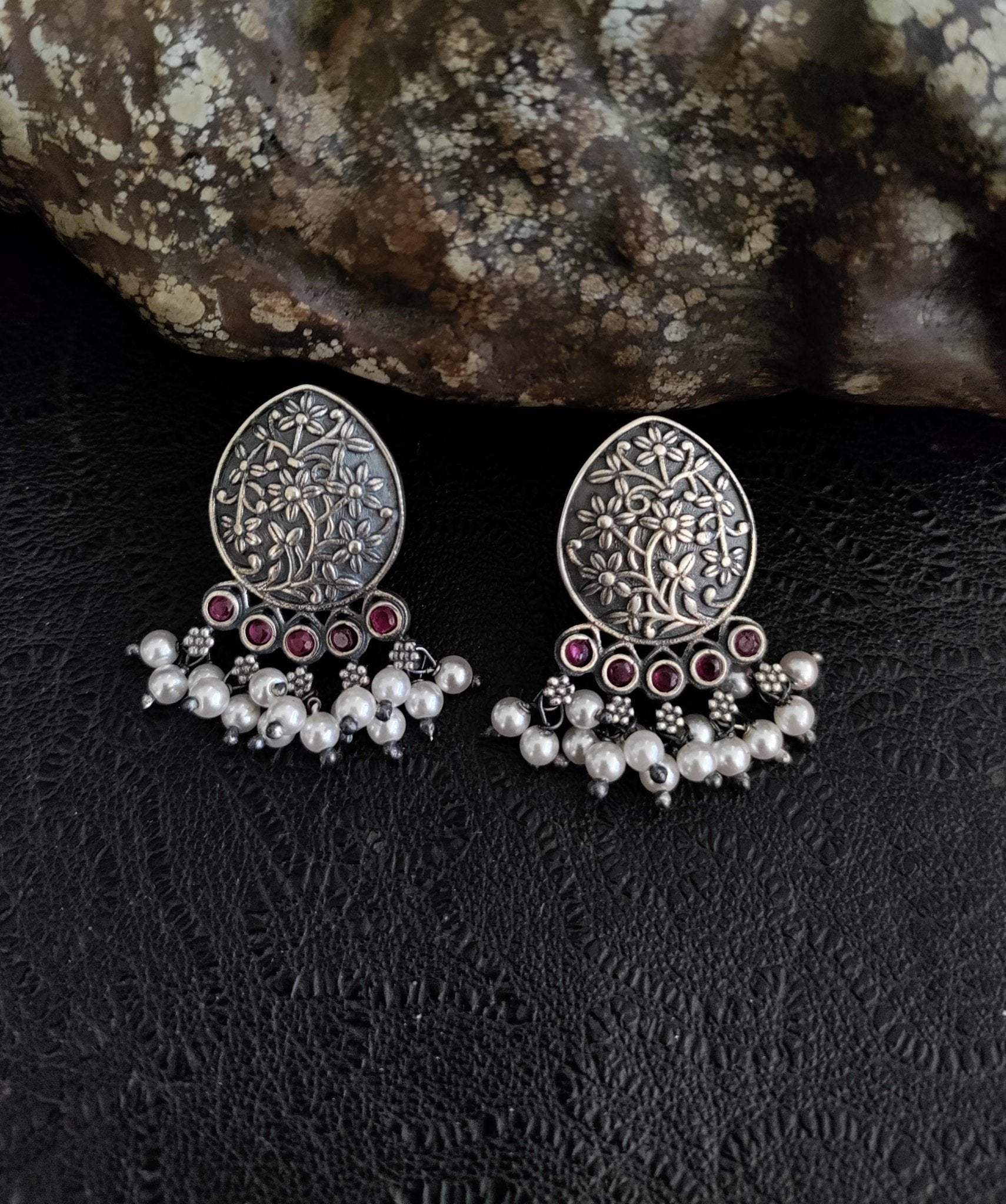 Pure 92.5 Silver ( Silver tone ) Earrings embellished with fresh water pearls & tiny Ruby - My Store