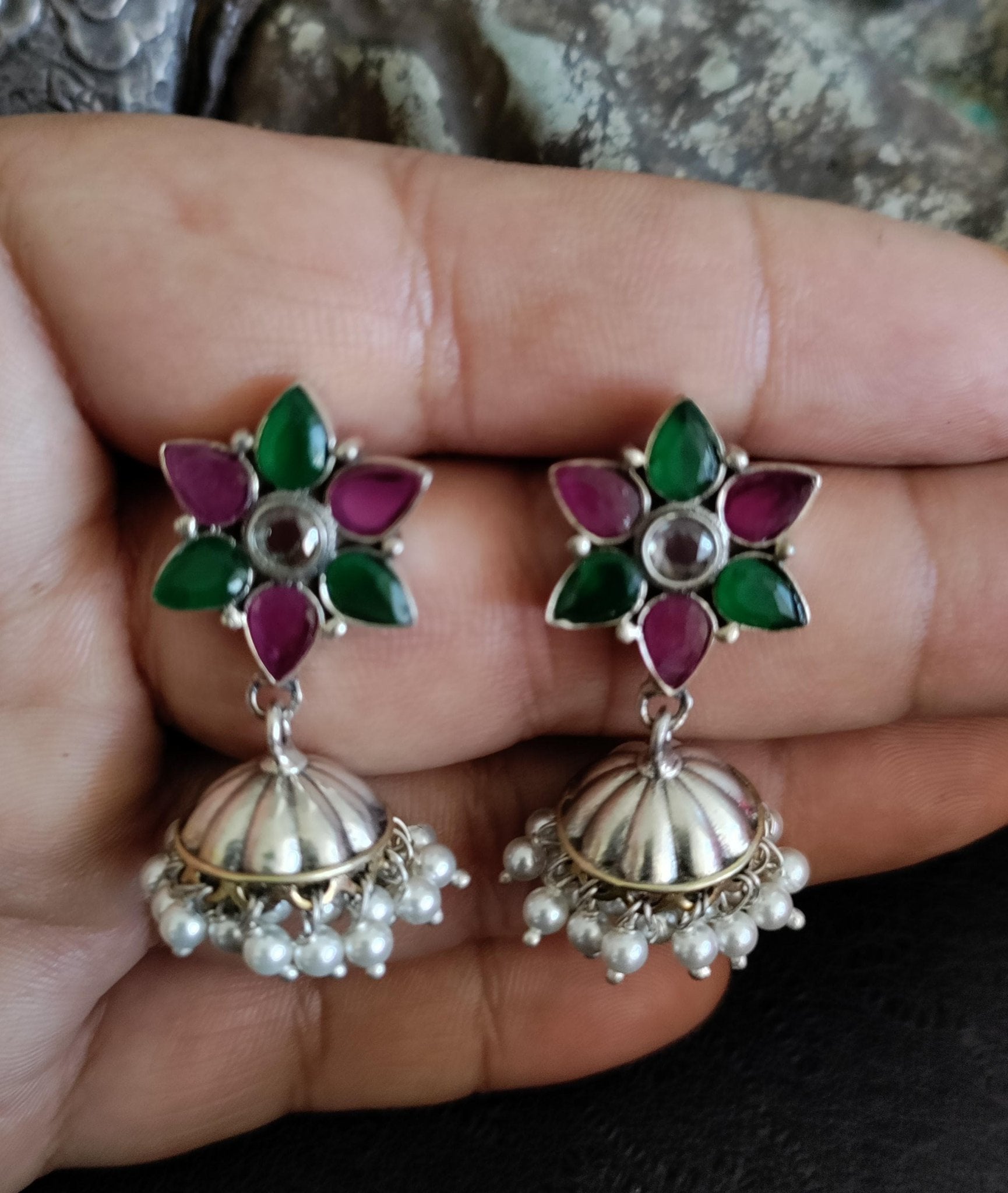 Pure 92.5 Silver ( Silver tone ) Earrings embellished with semiprecious Emerald green, Ruby - My Store
