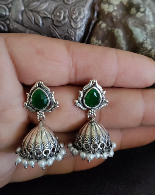 Pure 92.5 Silver ( Silver tone ) Earrings embellished with semiprecious Emerald green stone - My Store