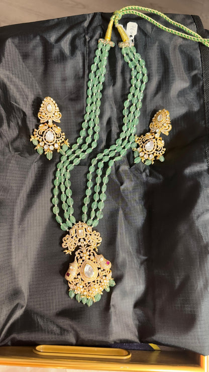 Pure 92.5 Silver with Gold polish Elephant pendant with Long earrings embellishment with Jade beads & Moisonite & CZ - My Store