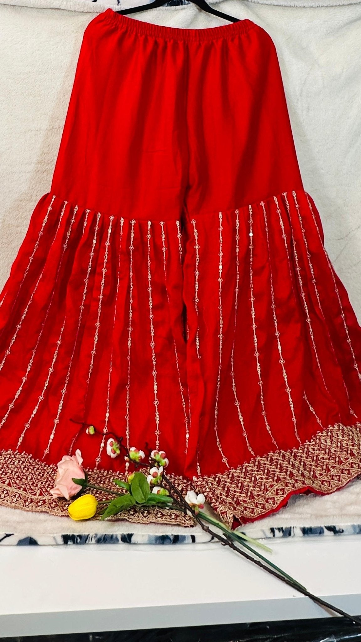 Red CHINON silk suit highlighted with pearl, Cutdana, Mirror& thread hand work - My Store